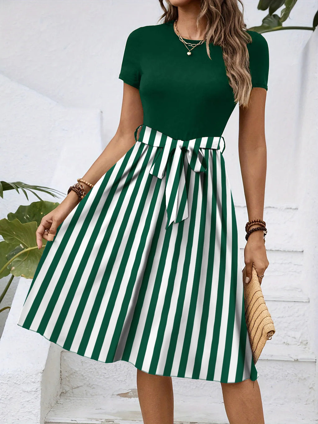 Striped Round Neck Short Sleeve Dress - Blushé Belle
