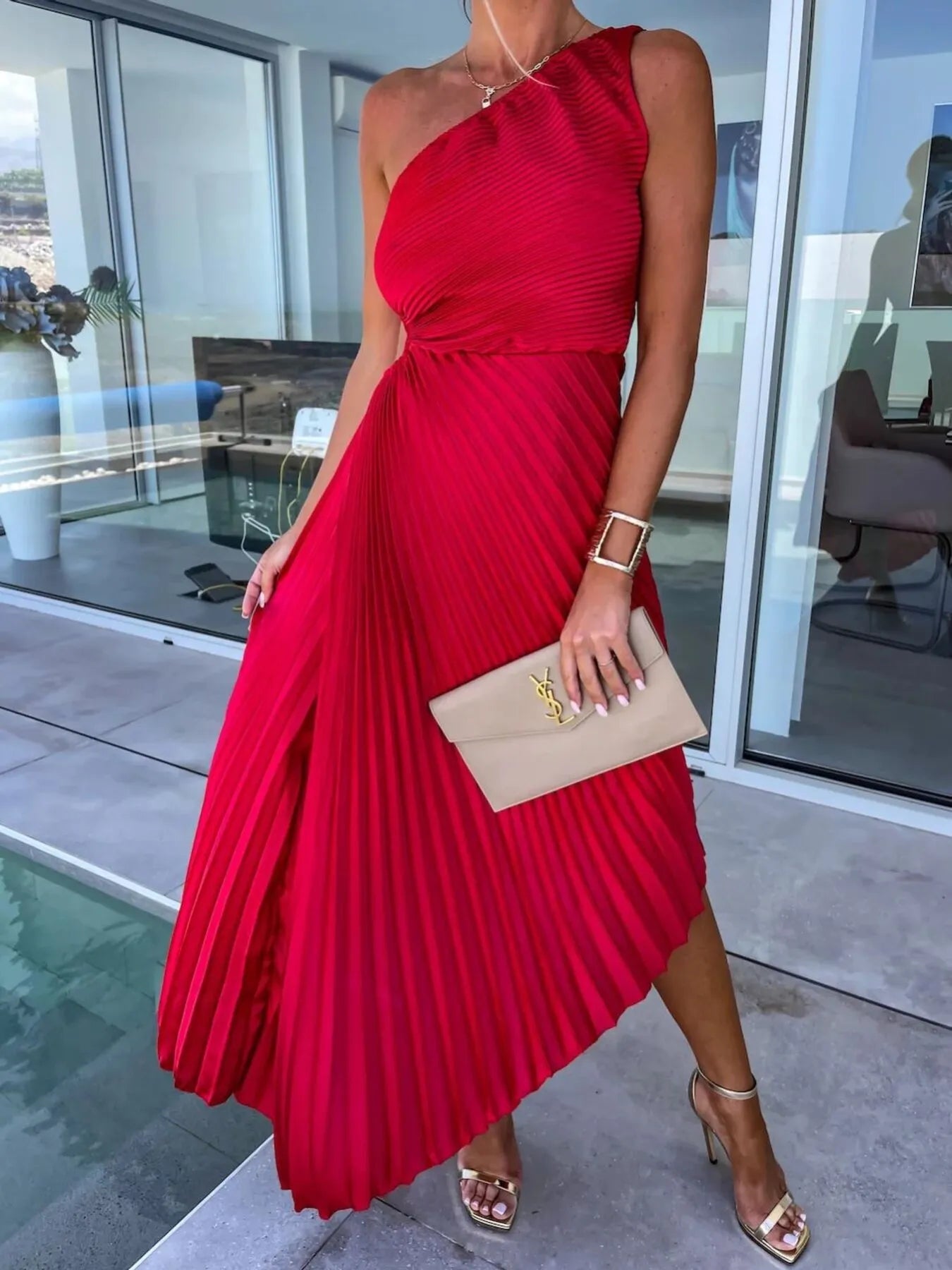 Full Size Single Shoulder Pleated Midi Dress Plus Size - Blushé Belle