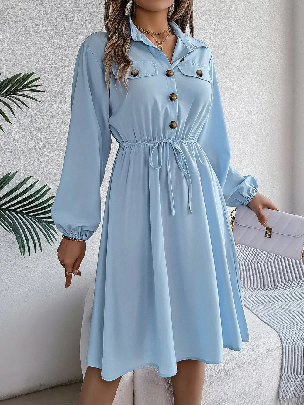 Collared Neck Long Sleeve Dress with Pockets - Blushé Belle