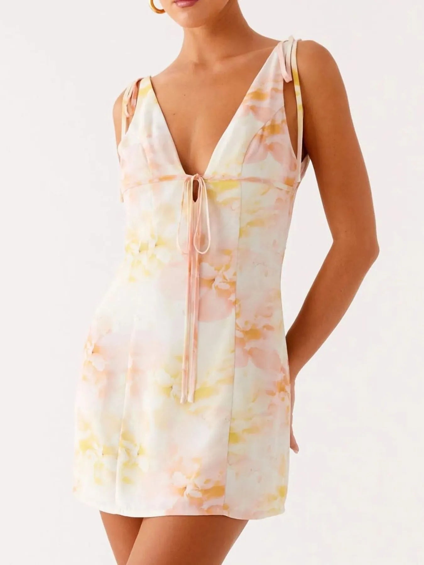 Printed Deep V-Neck Tie Shoulder Mini Dress - Blushé Belle