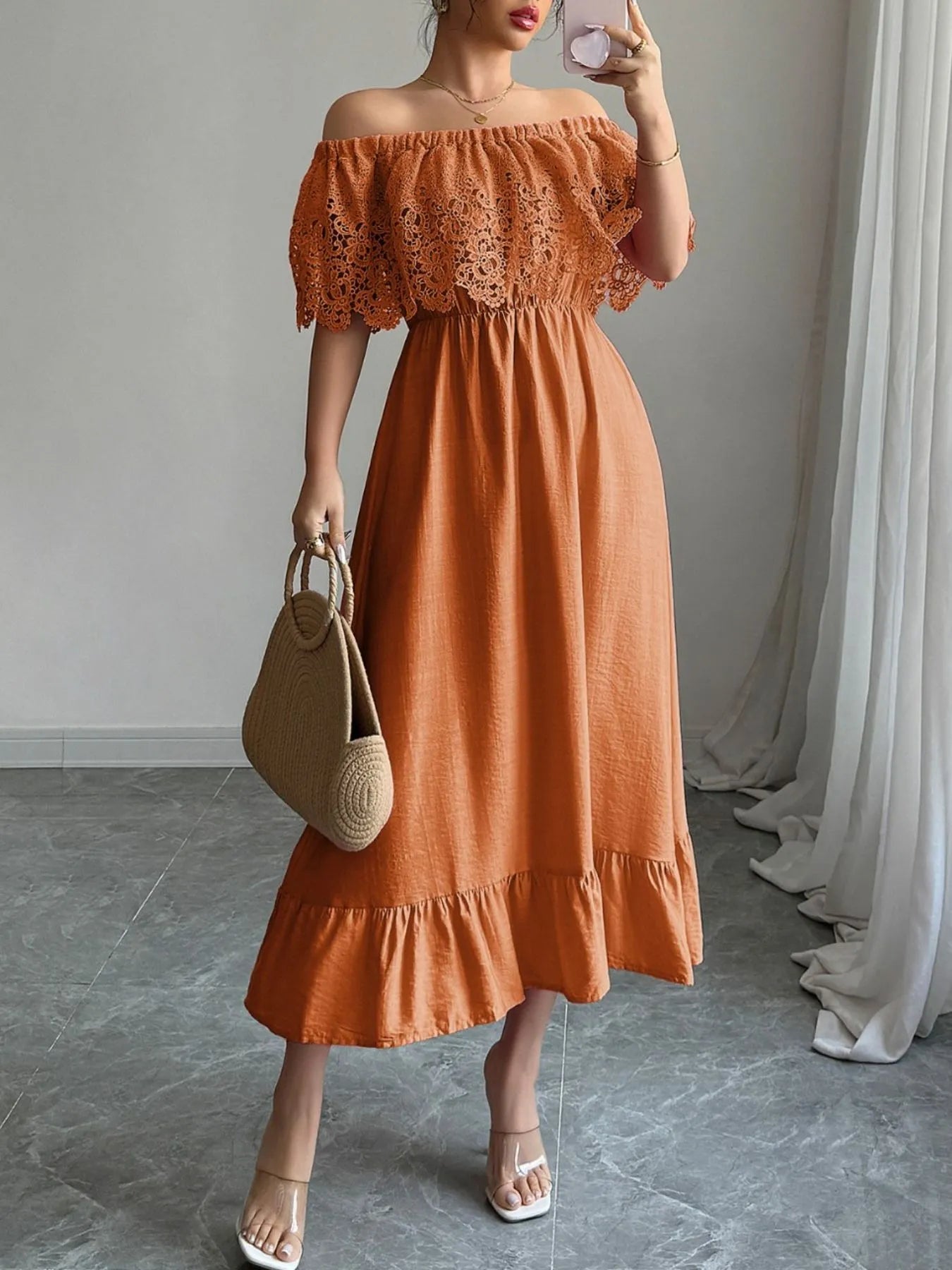 Off-Shoulder Lace Ruffle Midi Dress - Blushé Belle