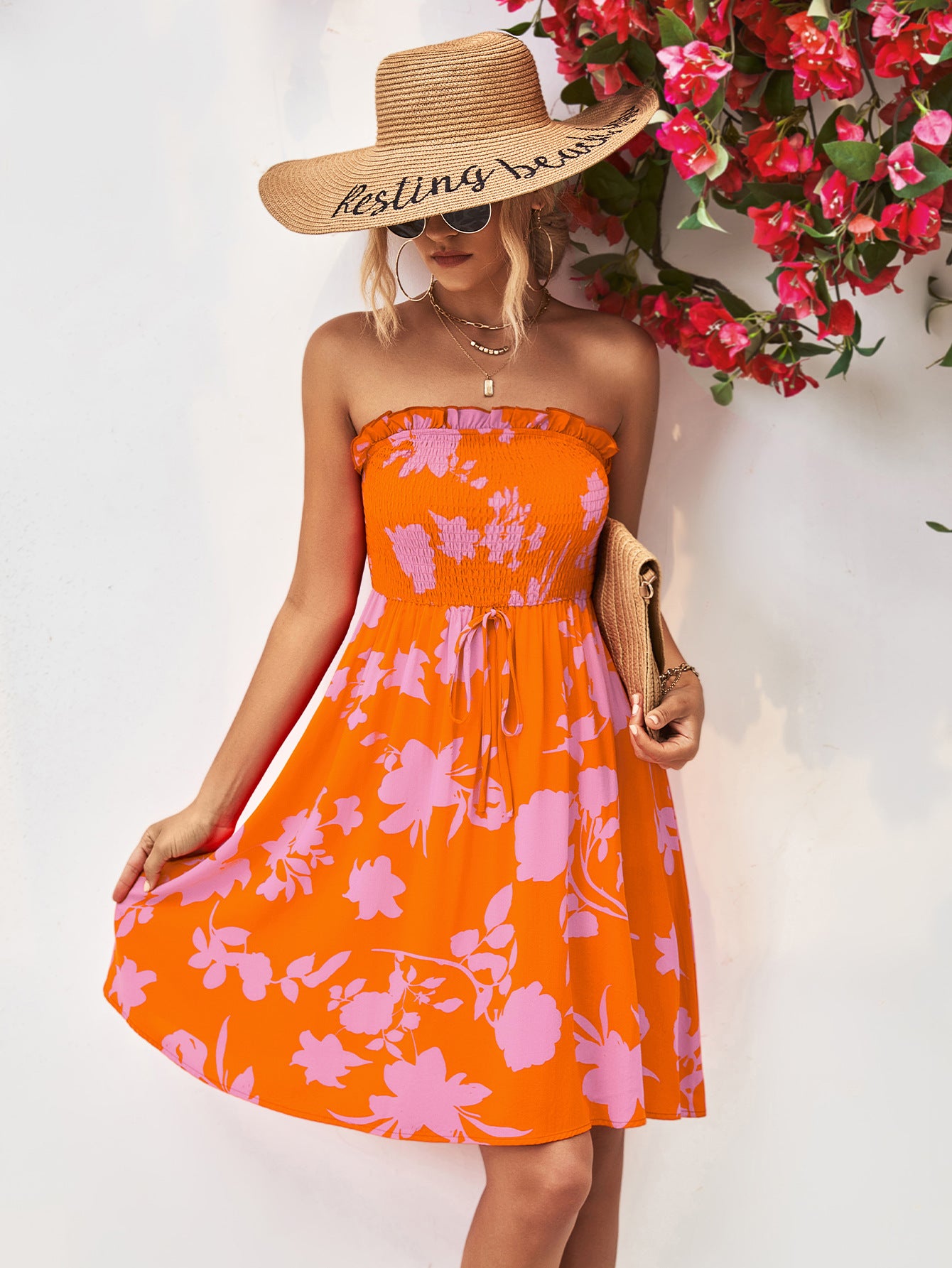 Floral Frill Trim Strapless Smocked Dress - Blushé Belle