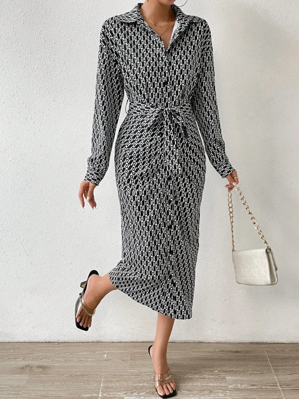 Printed Tie Waist Long Sleeve Midi Shirt Dress - Blushé Belle