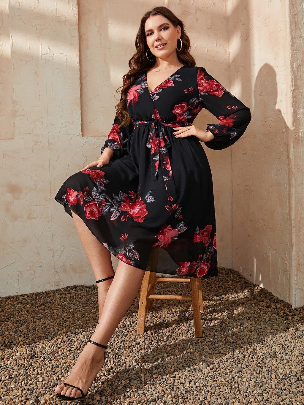 Honey Plus Size Floral Surplice Neck Tie Waist Dress - Blushé Belle