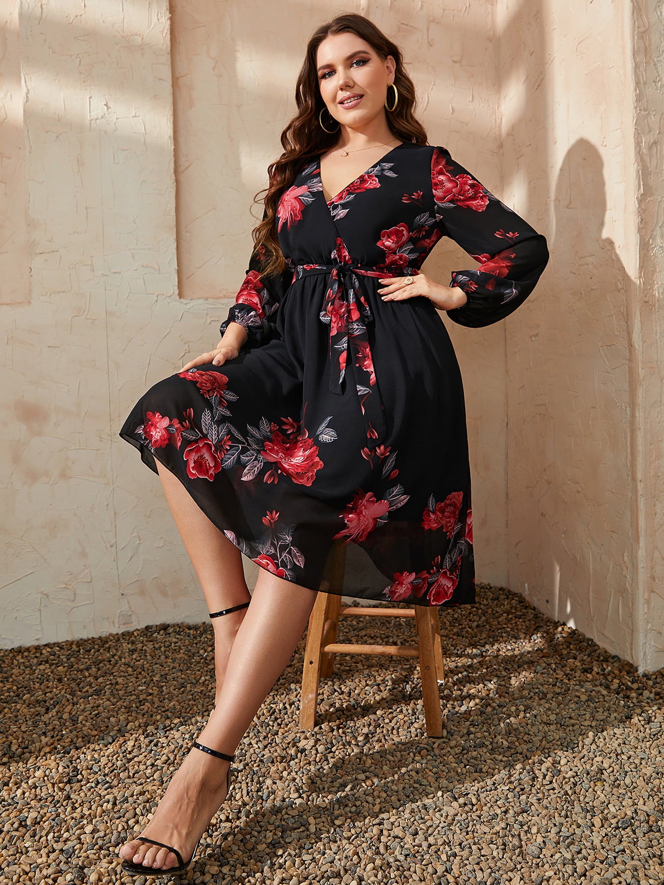 Honey Plus Size Floral Surplice Neck Tie Waist Dress - Blushé Belle