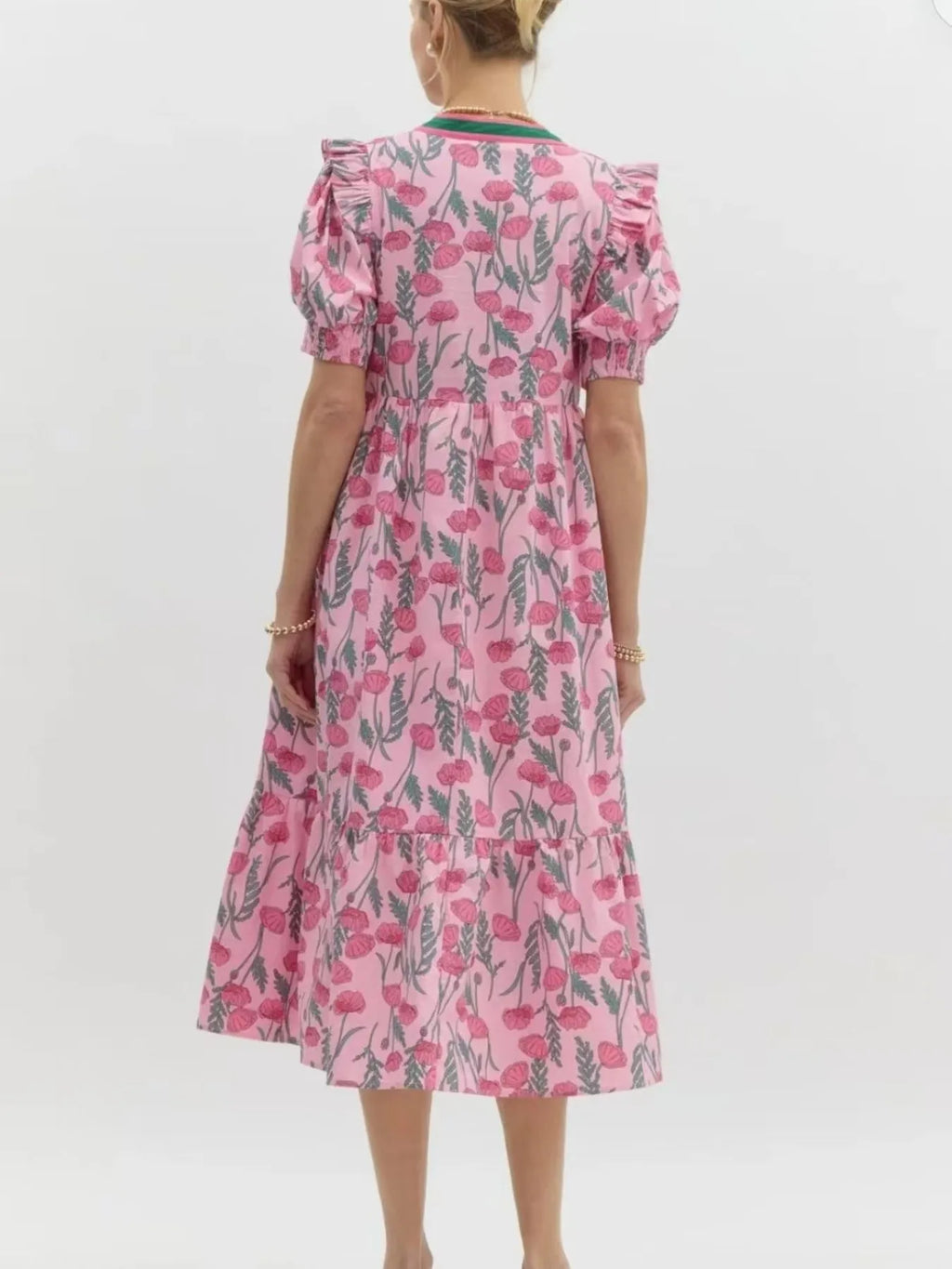 Floral Puff Sleeve Midi Dress with Contrast Trim - Blushé Belle