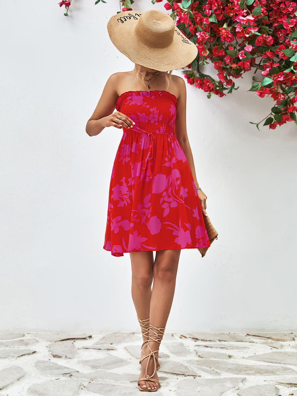 Floral Frill Trim Strapless Smocked Dress - Blushé Belle