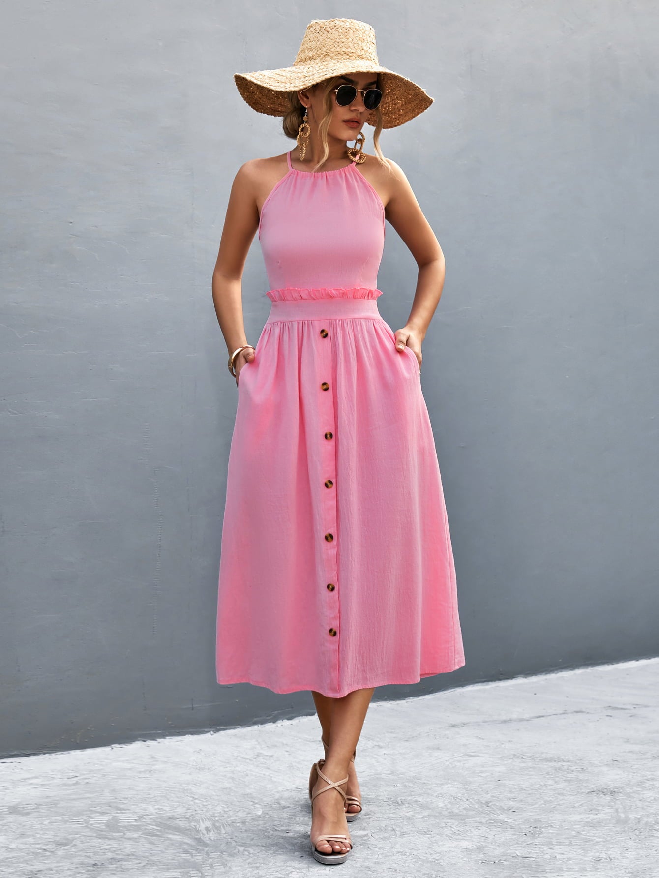 Buttoned Halter Neck Frill Trim Midi Dress - Blushé Belle