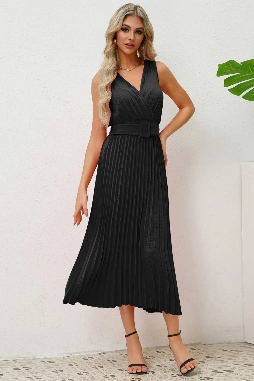 Surplice Sleeveless Midi Pleated Dress - Blushé Belle