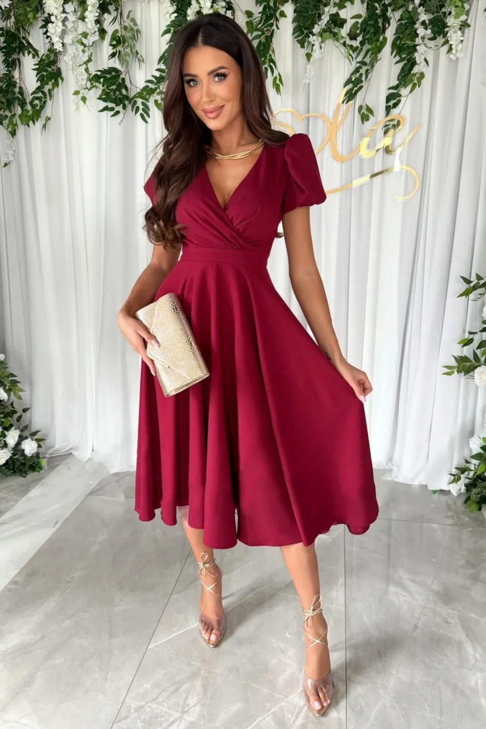 Surplice Puff Sleeve Midi Dress - Blushé Belle