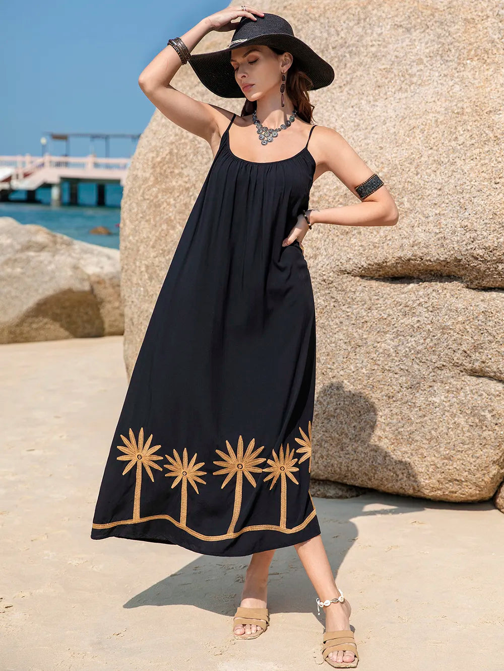 Embroidered Scoop Neck Midi Cami Dress - Blushé Belle