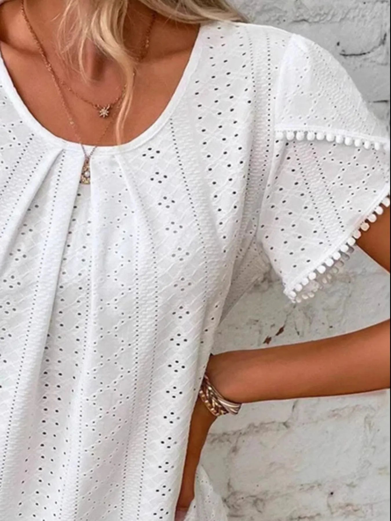 Eyelet Petal Sleeve Top with Pom Pom Trim - Blushé Belle