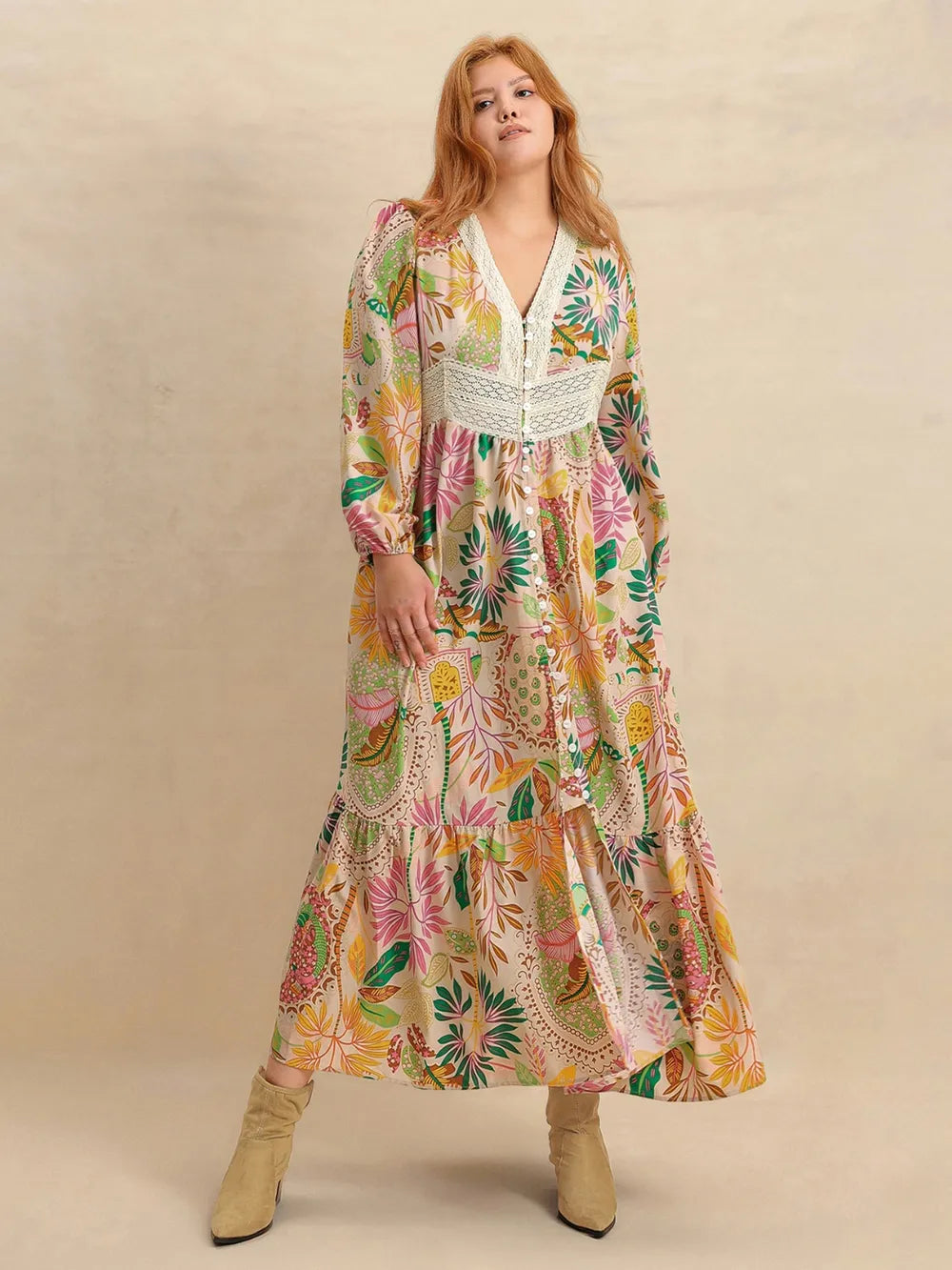 Plus Size Lace Detail Printed V-Neck Balloon Sleeve Dress - Blushé Belle