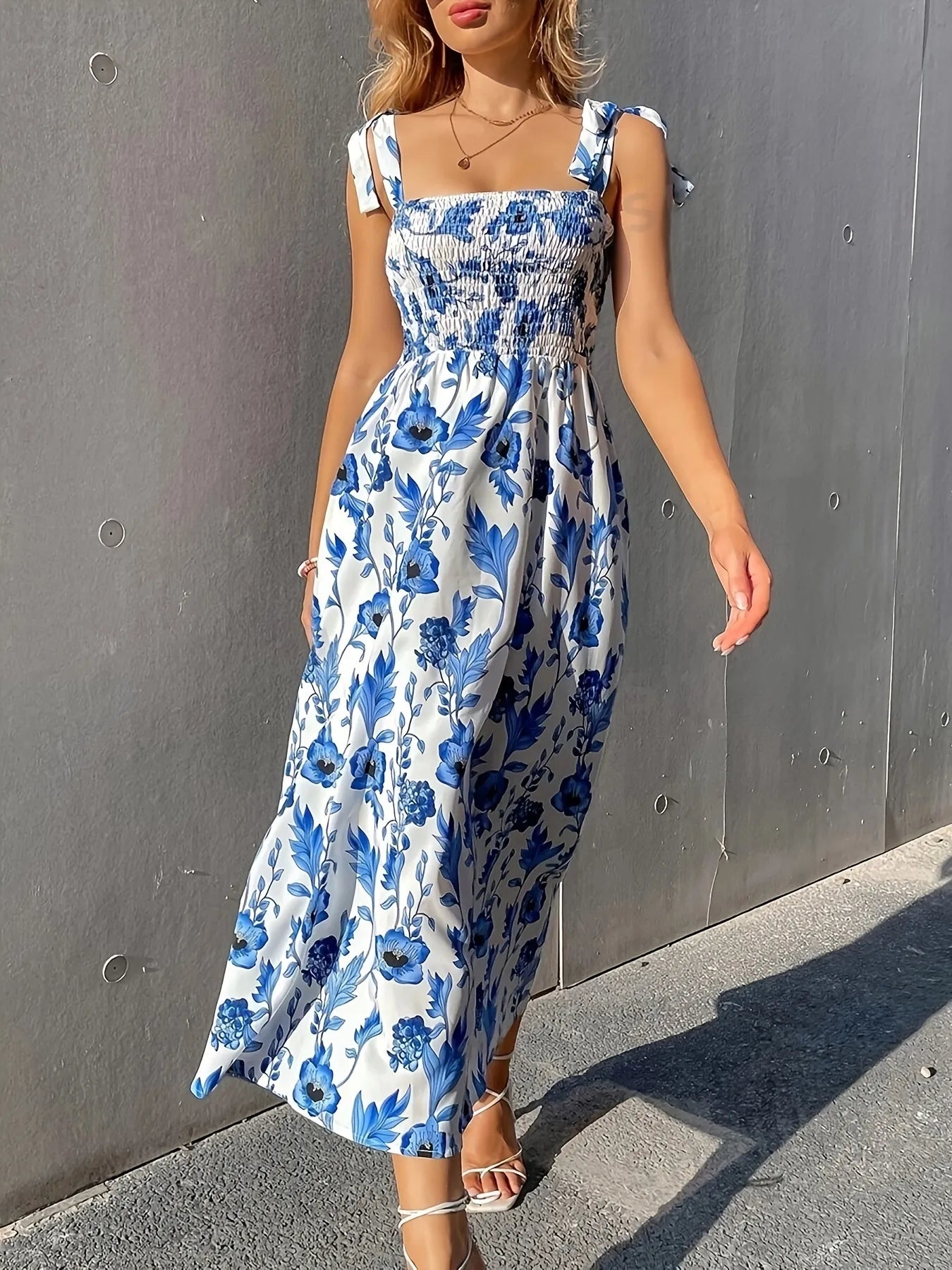 Floral Smocked Midi Dress with Tie Shoulders - Blushé Belle