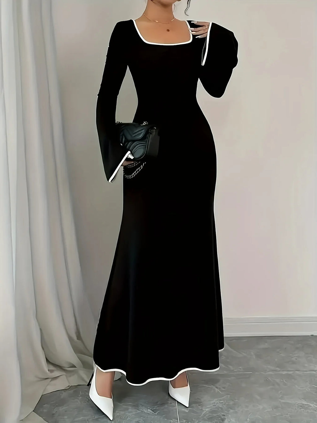 Plus Size Contrast Trim Square Neck Long Sleeve Maxi Dress - Blushé Belle