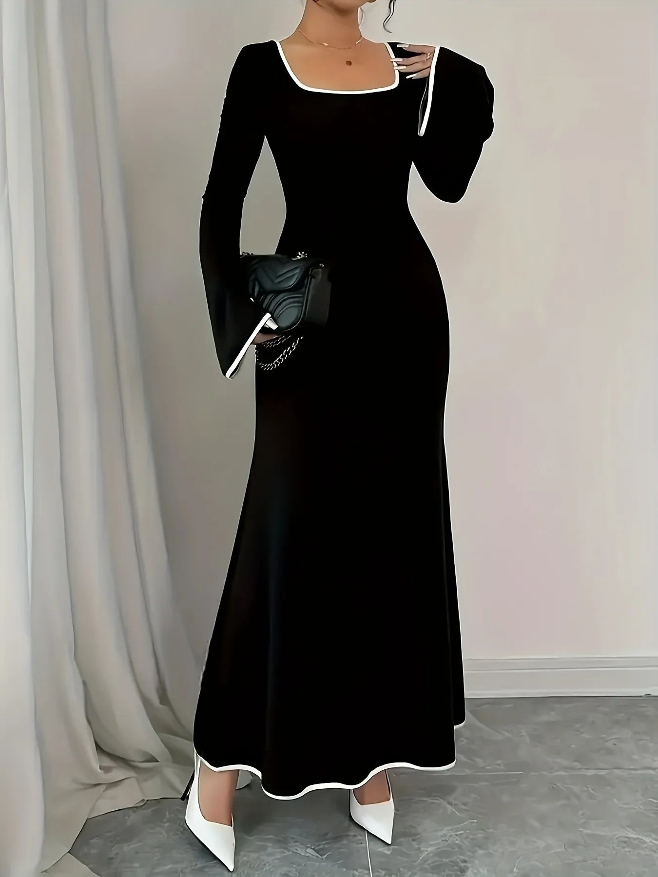 Plus Size Contrast Trim Square Neck Long Sleeve Maxi Dress - Blushé Belle
