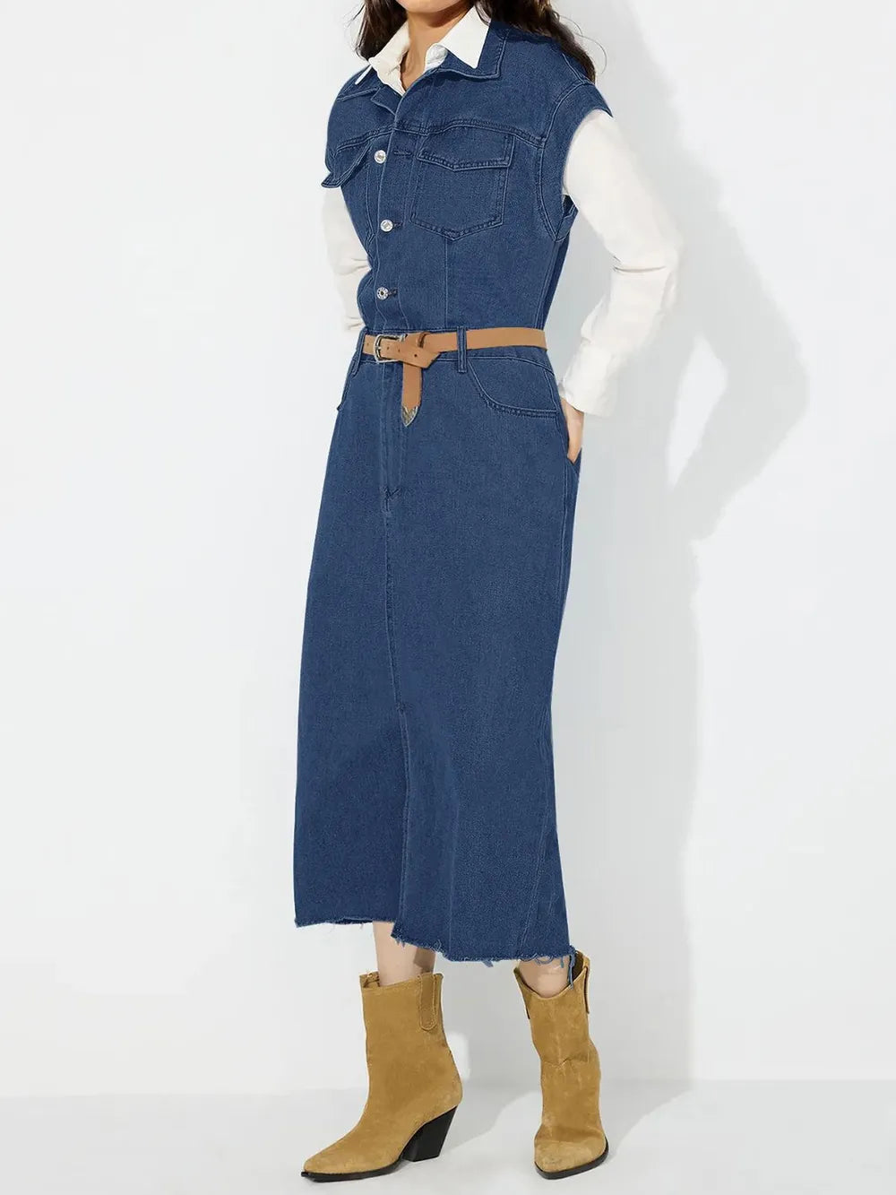 Slit Half Button Collared Neck Cap Sleeve Denim Dress - Blushé Belle