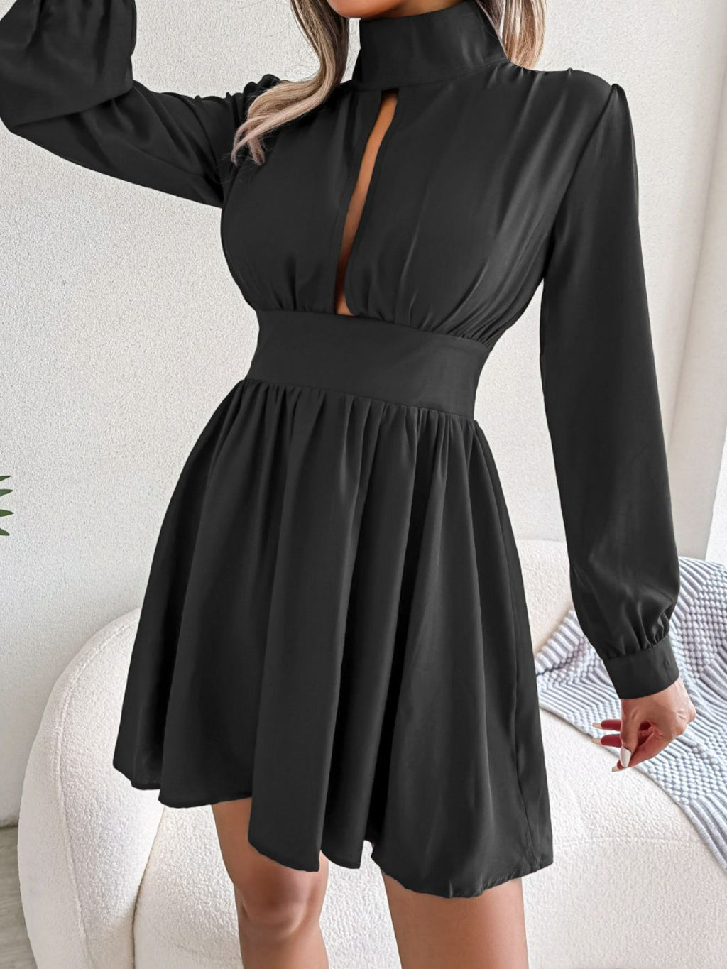 Cutout Turtleneck A-Line Mini Dress - Blushé Belle