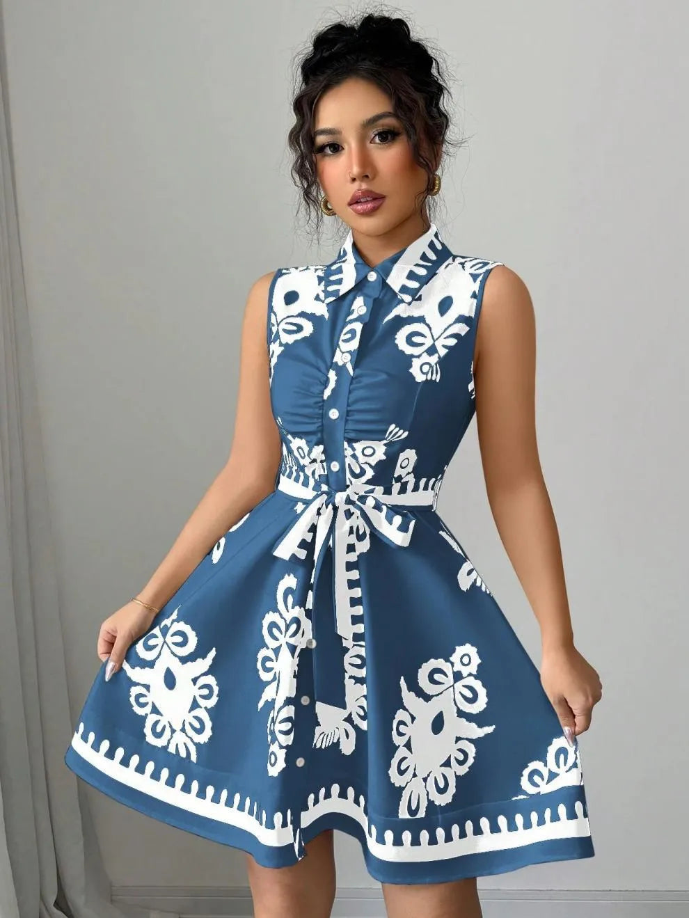 Printed Sleeveless Button Front Dress - Blushé Belle