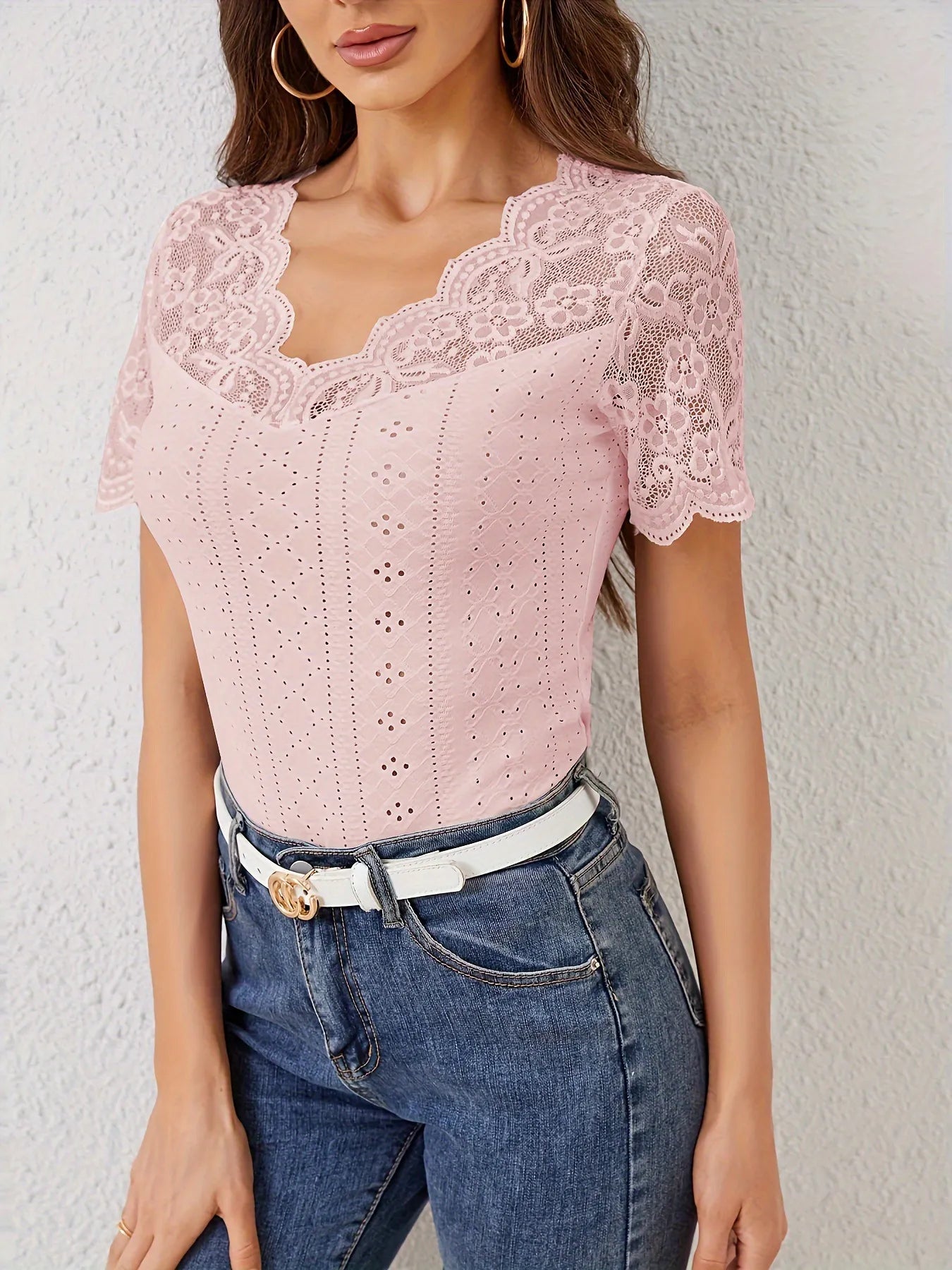 Lace Trim Eyelet Embroidered Summer T-Shirt - Blushé Belle