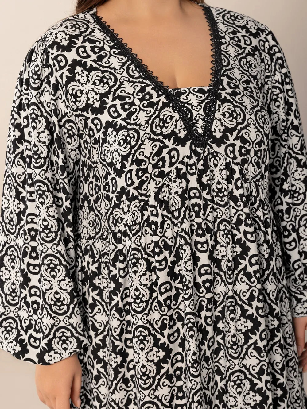 Plus Size Lace Detail Printed Balloon Sleeve Dress - Blushé Belle