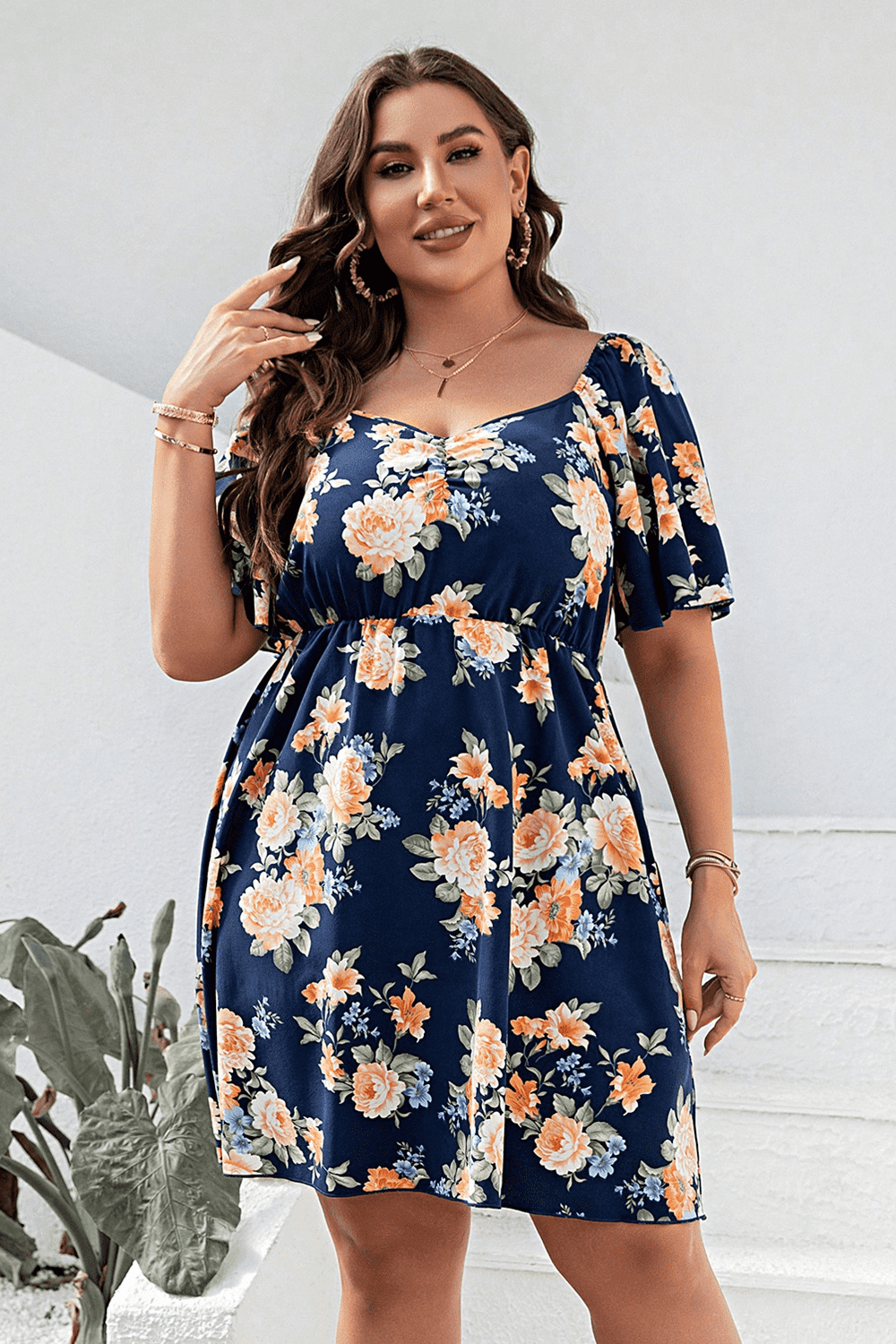 Plus Size Floral Print V-Neck Flutter Sleeve Mini Dress - Blushé Belle