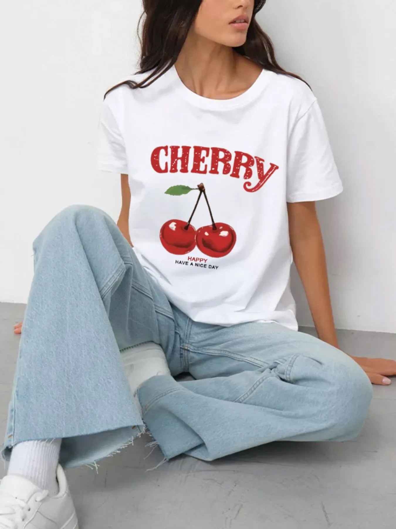 Plus Size Cherry Graphic Round Neck Short Sleeve T-Shirt - Blushé Belle