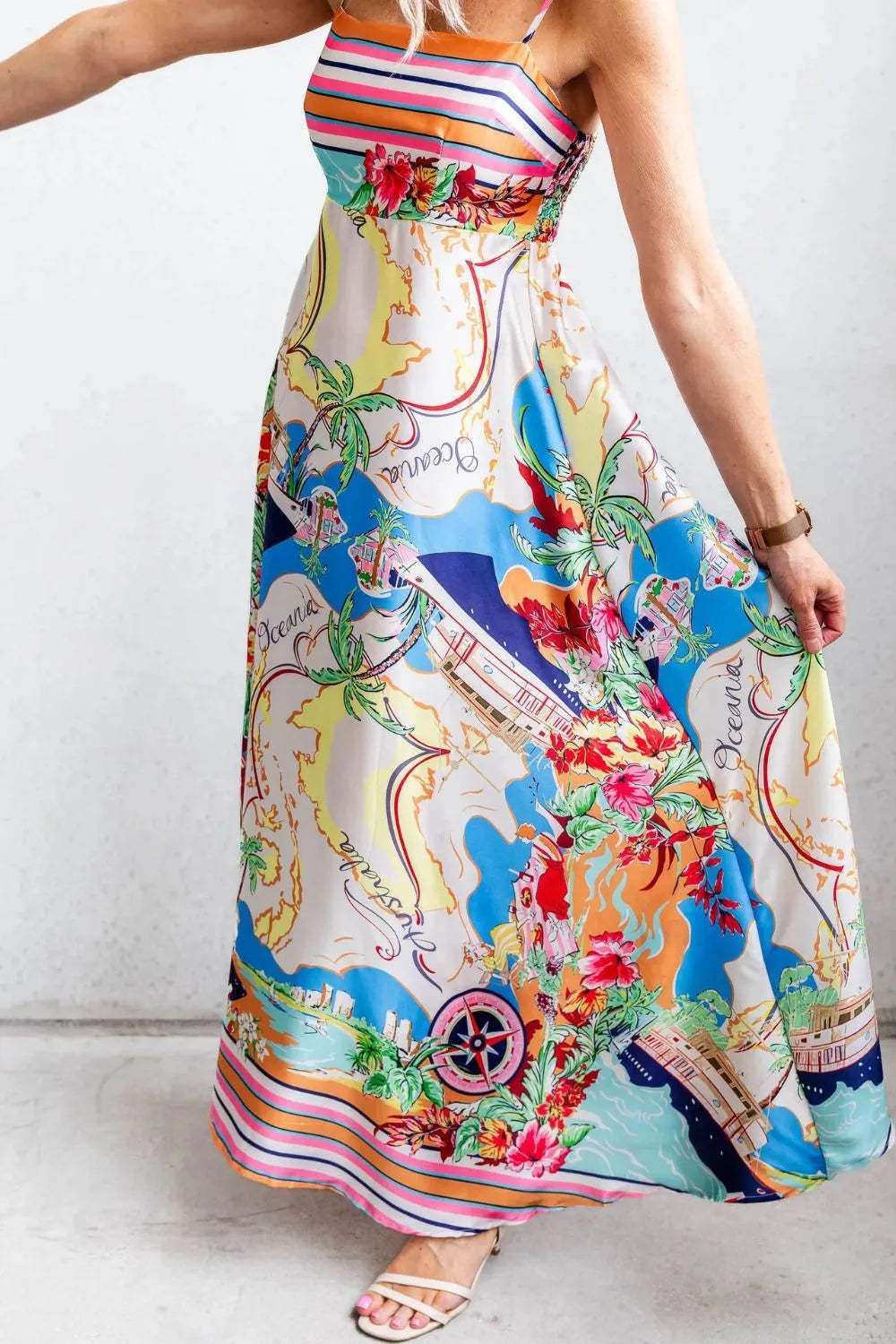 Smocked Back Printed Square Neck Maxi Cami Dress with Pockets - Blushé Belle