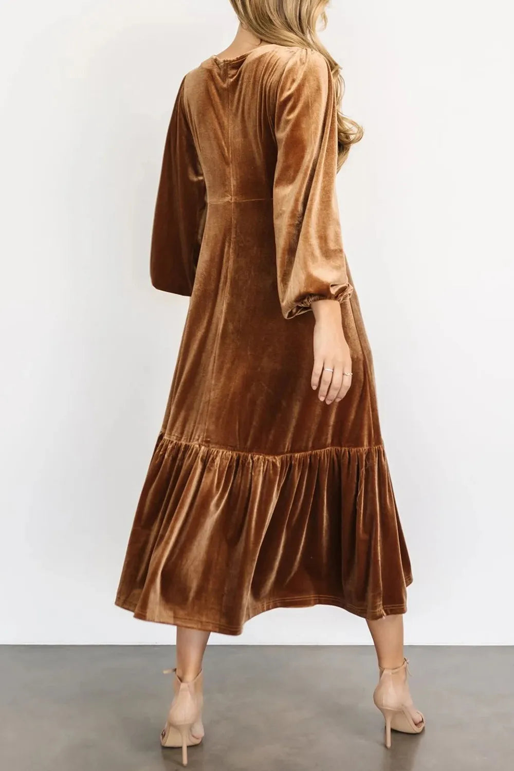 V-Neck Long Sleeve Midi Velvet Dress - Blushé Belle