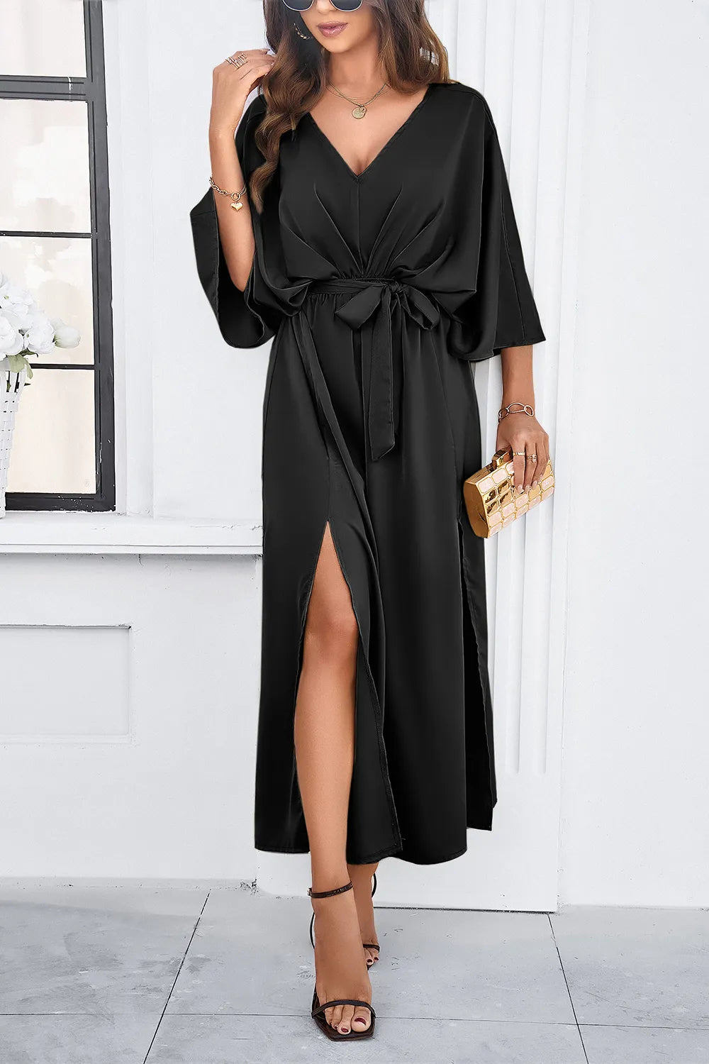 Devine Slit Tied V-Neck Three-Quarter Sleeve Dress - Blushé Belle