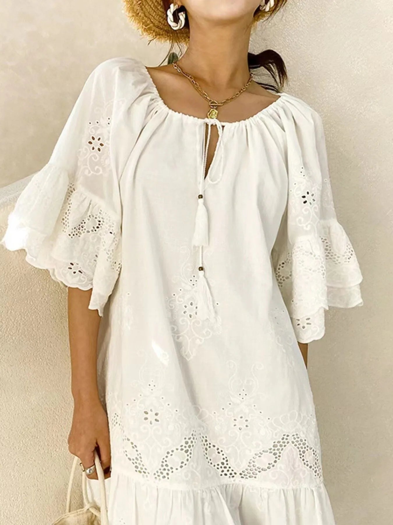 Eyelet Embroidered Tassel Tie Neck Dress - Blushé Belle
