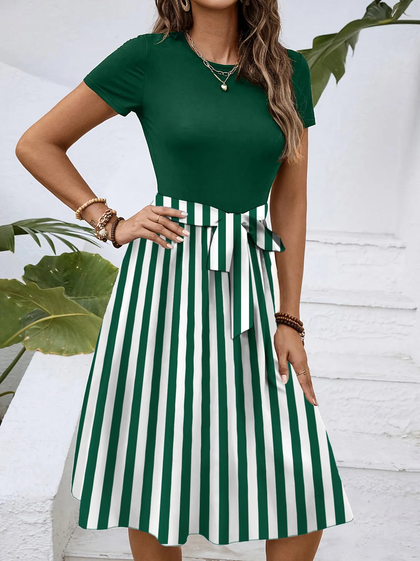 Striped Round Neck Short Sleeve Dress - Blushé Belle