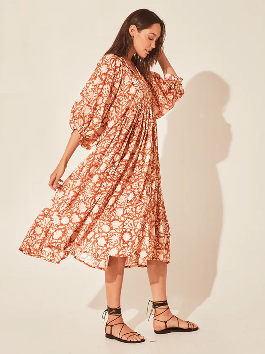 Floral Tie Neck Lantern Sleeve Dress - Blushé Belle