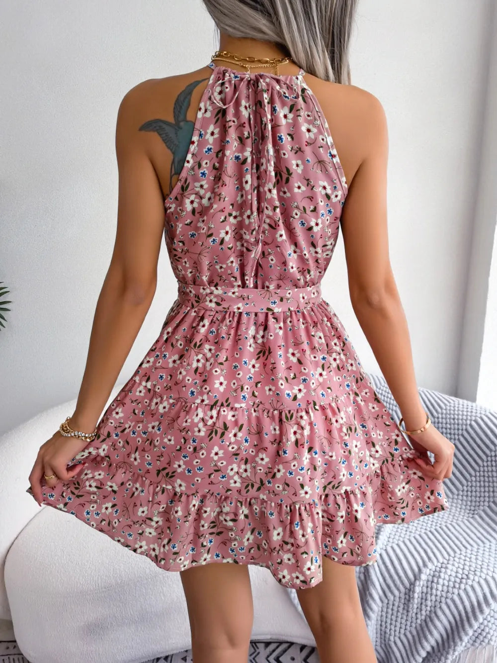Tied Printed Grecian Neck Mini Dress - Blushé Belle