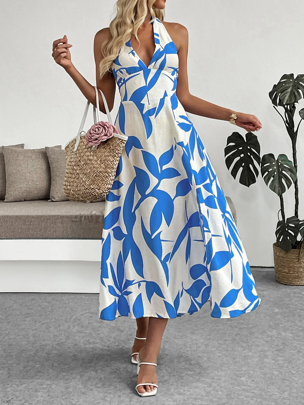 Leaf Print Halter Neck Midi Dress - Blushé Belle