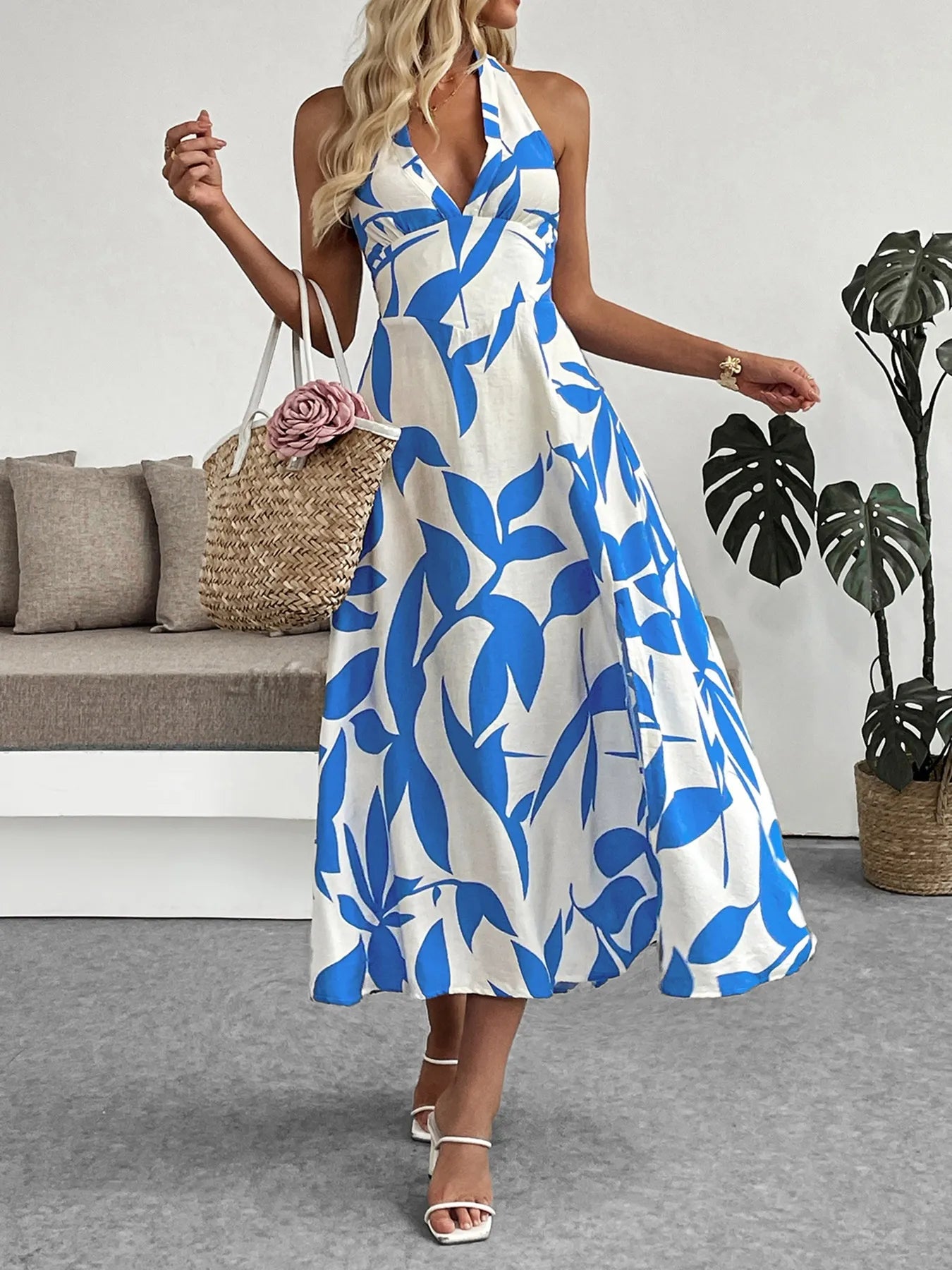 Leaf Print Halter Neck Midi Dress - Blushé Belle