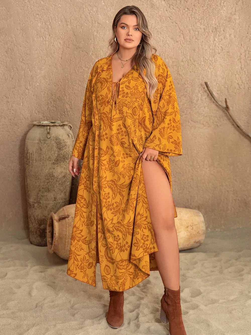 Plus Size Printed Slit Long Sleeve Dress - Blushé Belle