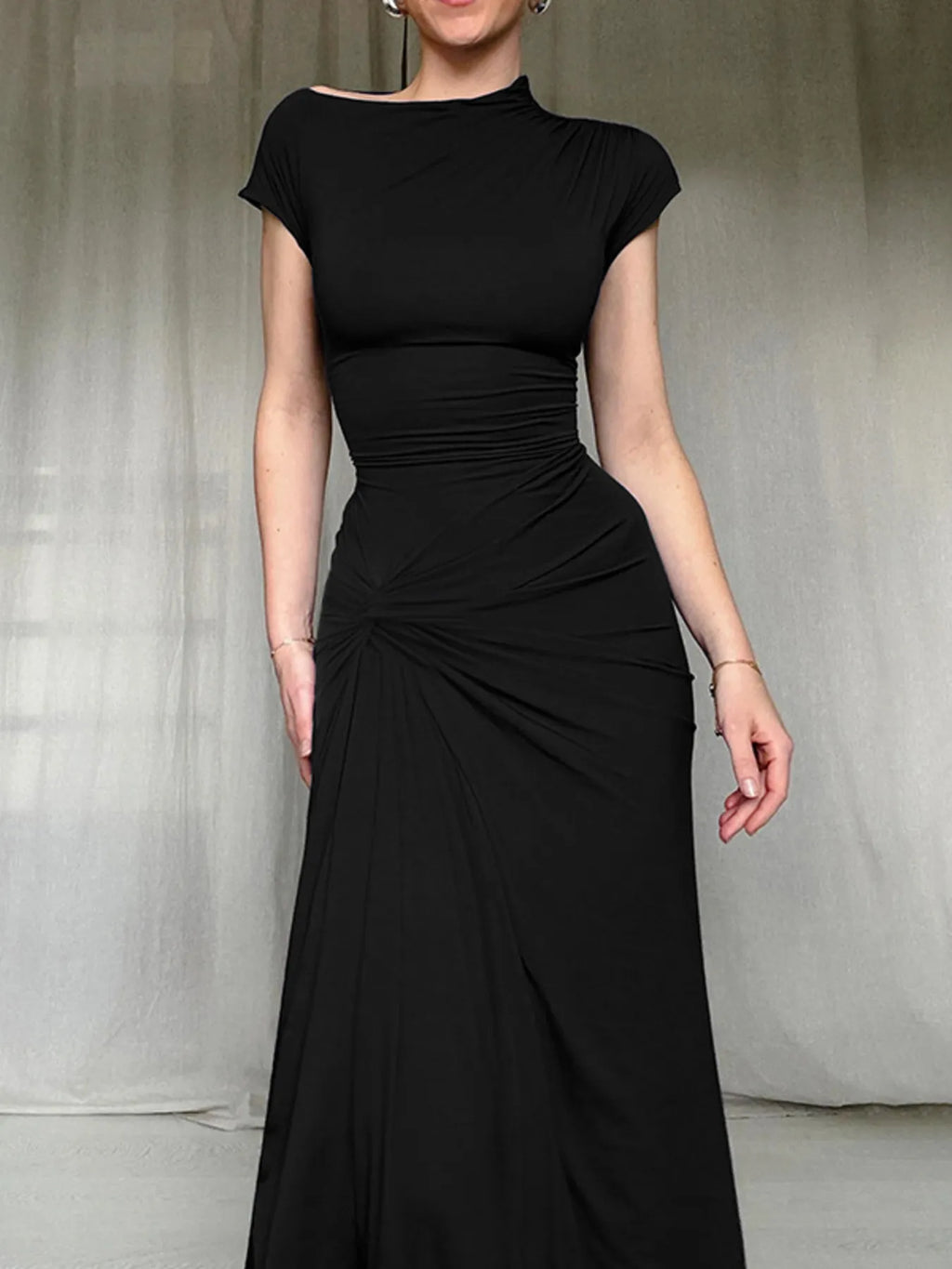 Ruched Slit Cap Sleeve Maxi Dress - Blushé Belle