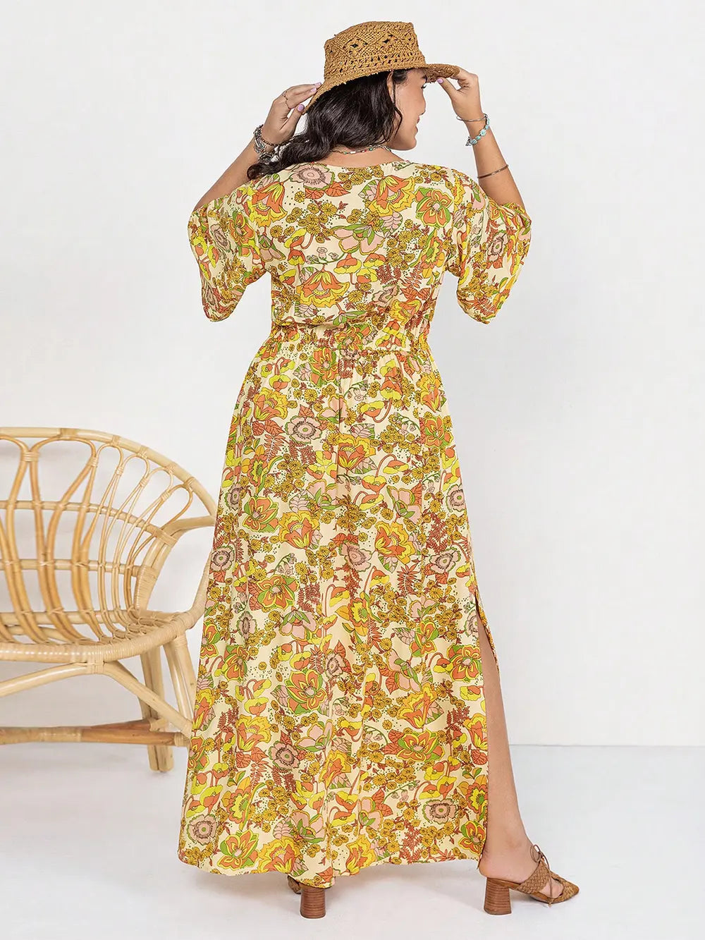 Floral V-Neck Short Sleeve Slit Dress - Blushé Belle