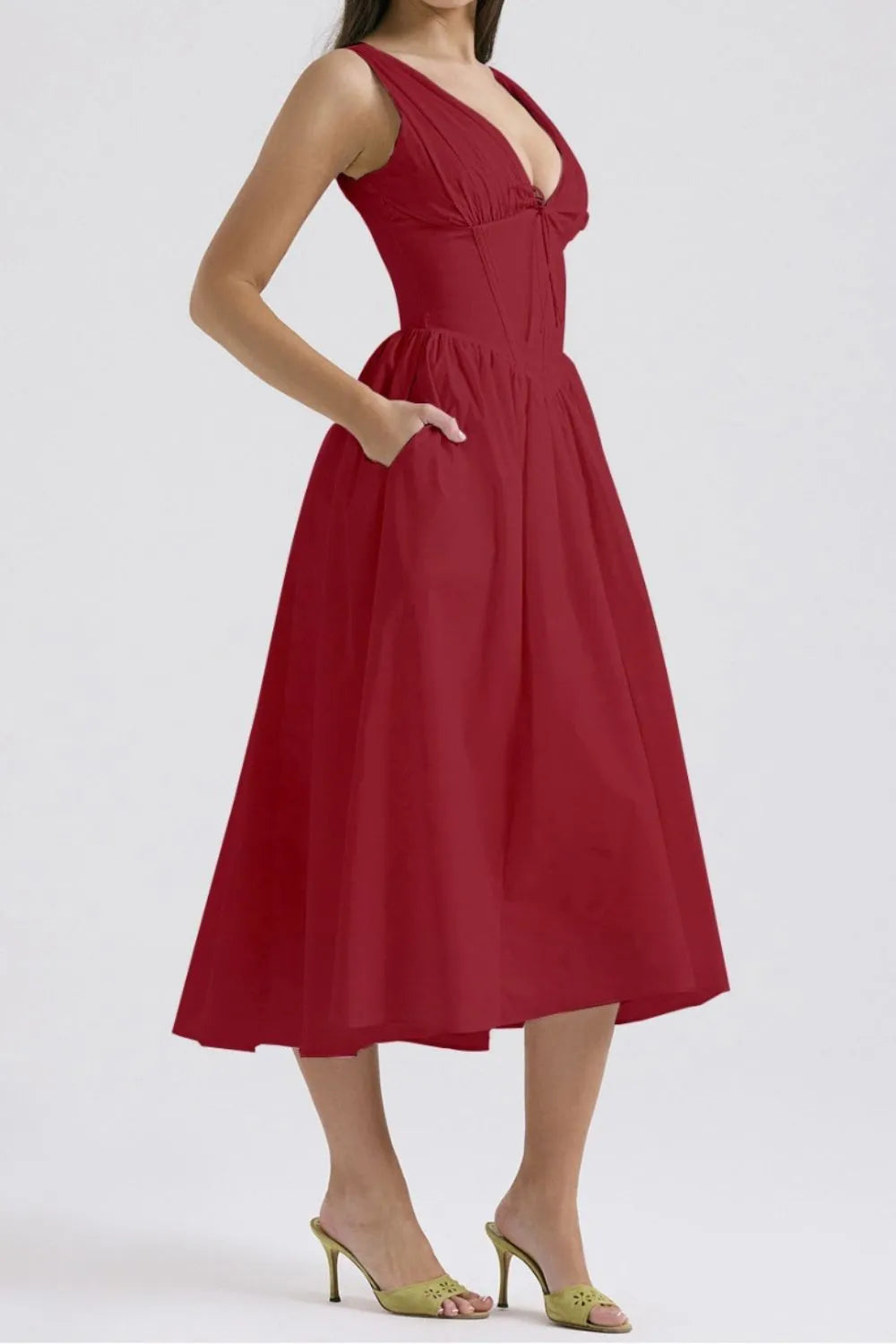 Ruched V-Neck Sleeveless Dress with Pockets - Blushé Belle