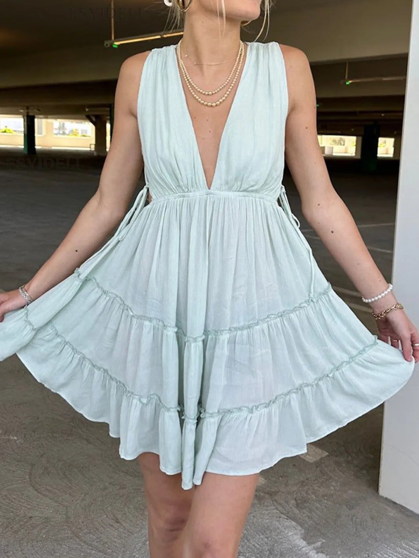 Deep V-Neck Tiered Mini Dress - Blushé Belle