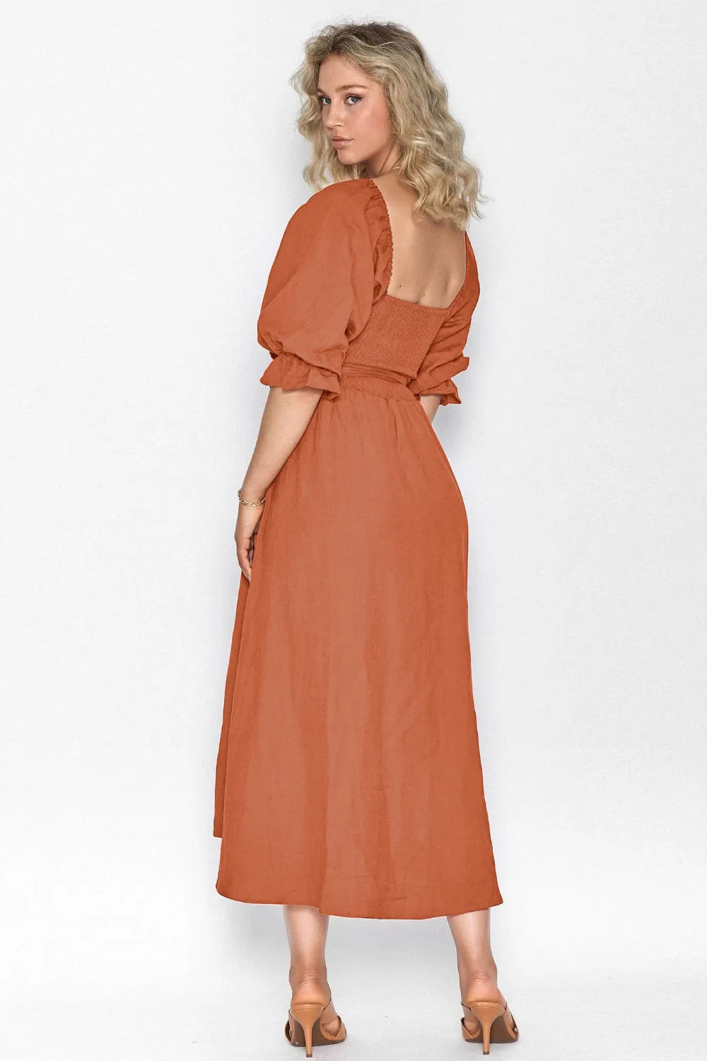 Smocked Tied Flounce Sleeve Midi Dress - Blushé Belle