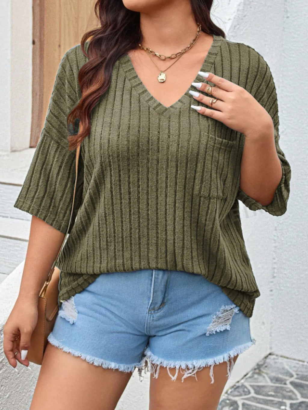 Plus Size V-Neck Ribbed Knit T-Shirt - Blushé Belle