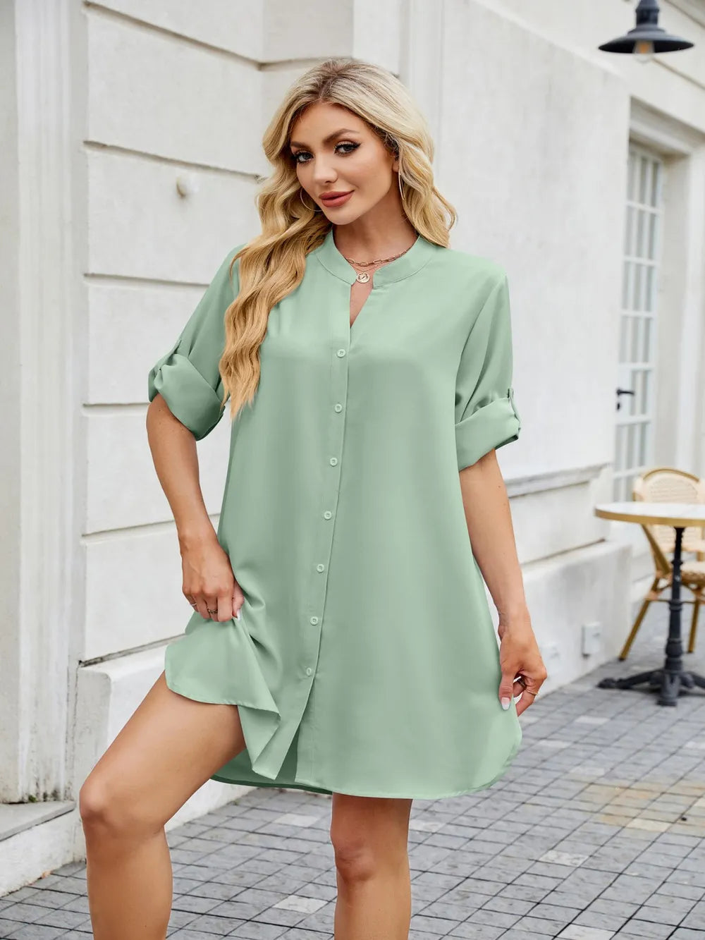 Notched Long Sleeve Mini Shirt Dress - Blushé Belle