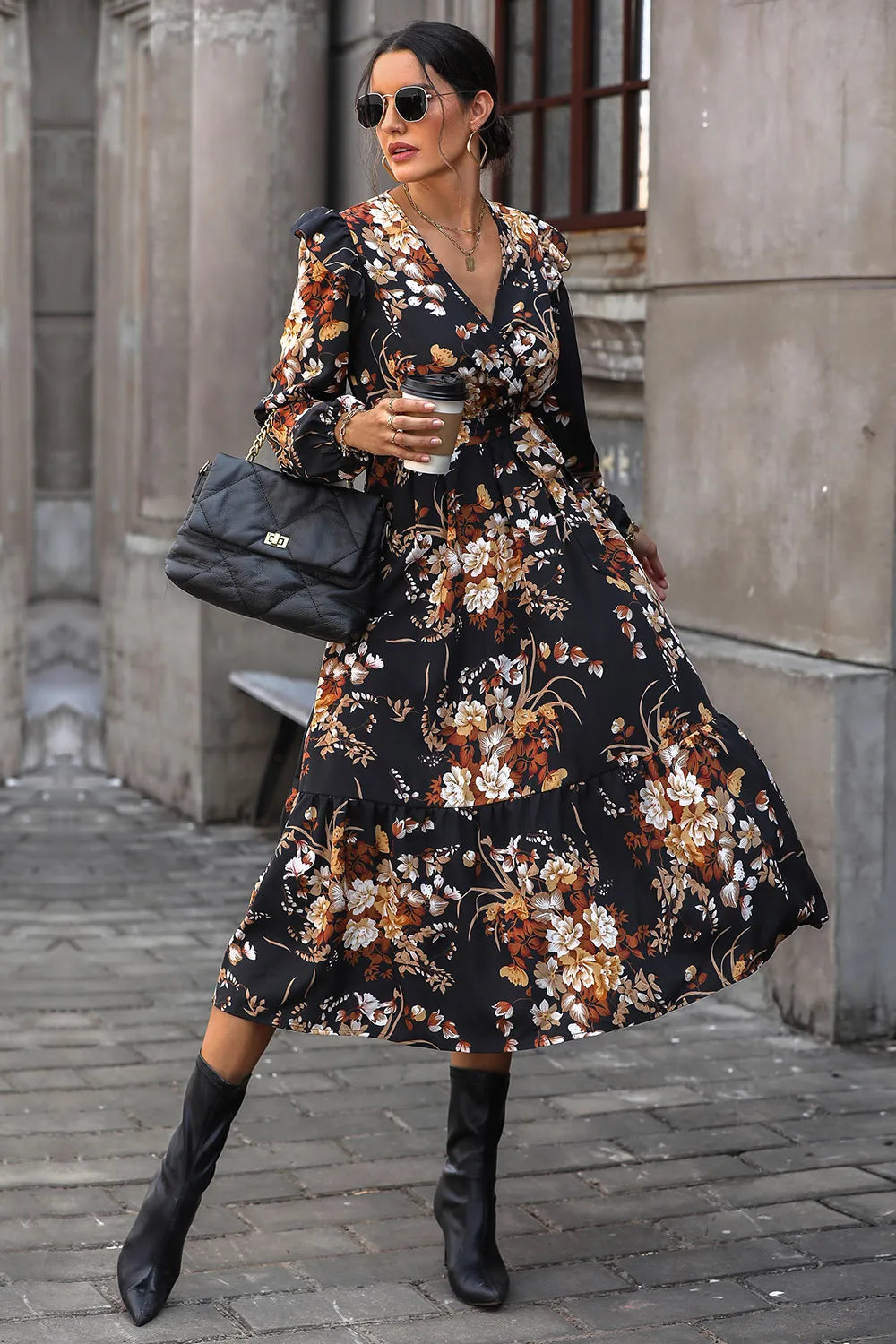 Perfee Floral Surplice Tie Front Ruffle Hem Midi Dress - Blushé Belle