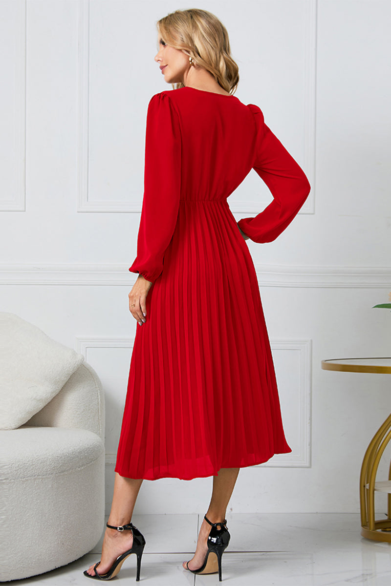V-Neck Long Sleeve Tie Waist Midi Dress - Blushé Belle