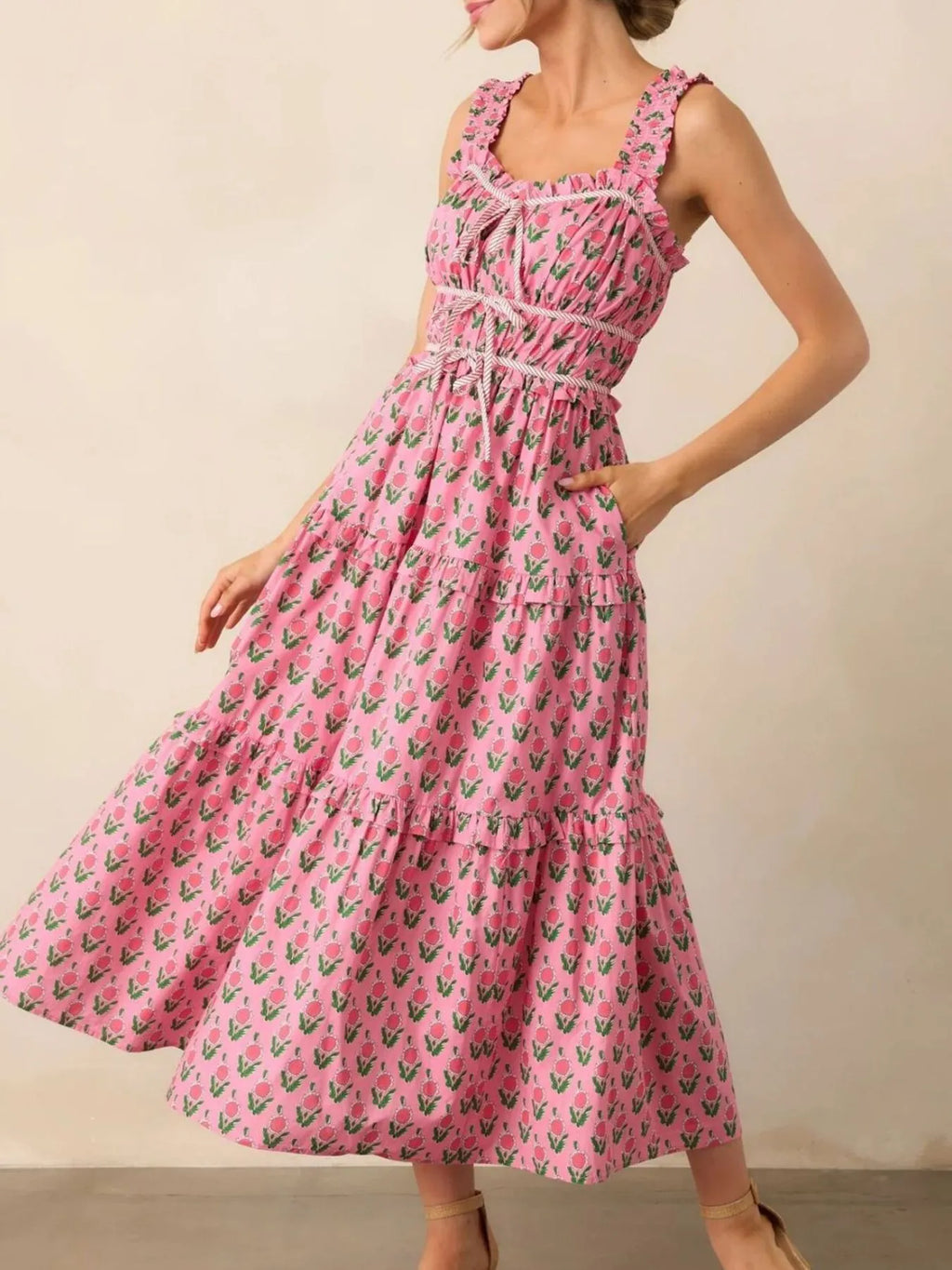 Floral Print Ruffled Midi Dress with Pockets - Blushé Belle