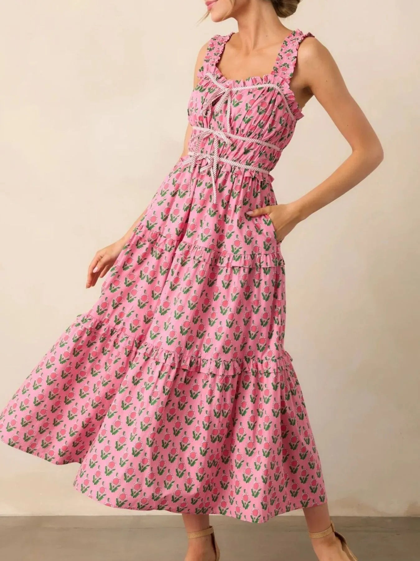 Floral Print Ruffled Midi Dress with Pockets - Blushé Belle