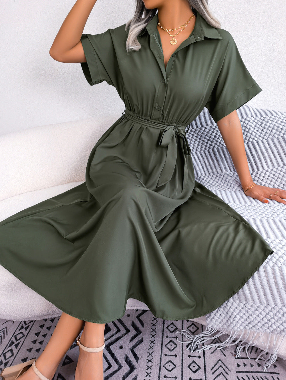 Short Sleeve Collared Tie Belt Dress - Blushé Belle