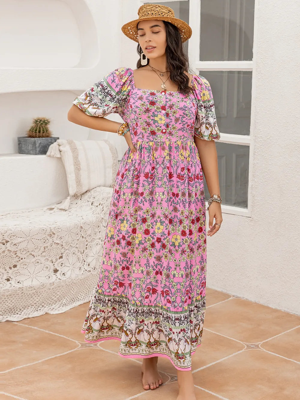 Plus Size Printed Square Neck Ruffle Hem Dress - Blushé Belle